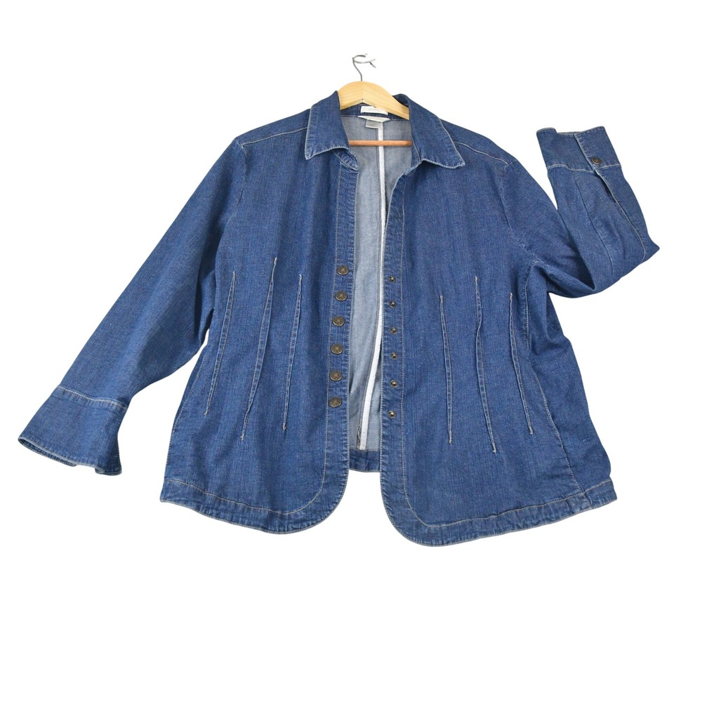CJ Banks Denim Jacket Womens 3X Blue Good Stretch Pintuck Button Front Pockets